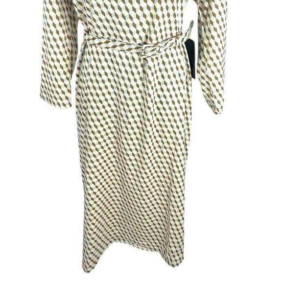 Tuckernuck NEW Tan Ocean Spray Geo Bex Long Sleeve Belted Midi Dress Size XXL