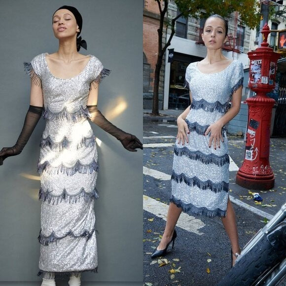 Batsheva NEW Octavia Cocktail Party Formal Midi Dress in Silver Sequin Size 6