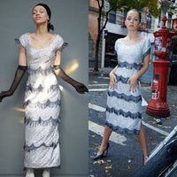 Batsheva NEW Octavia Cocktail Party Formal Midi Dress in Silver Sequin Size 6