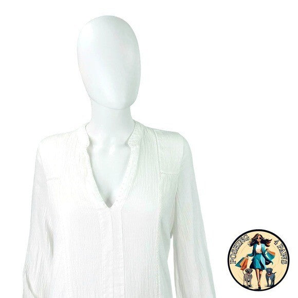 Pomander Place NEW White Gauze Beaded Long Puff Sleeve V-Neck Mini Dress Size S