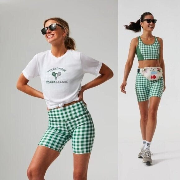 Tuckernuck NEW Sport Trellis Gingham Green White Biker Athletic 6" Shorts Size M