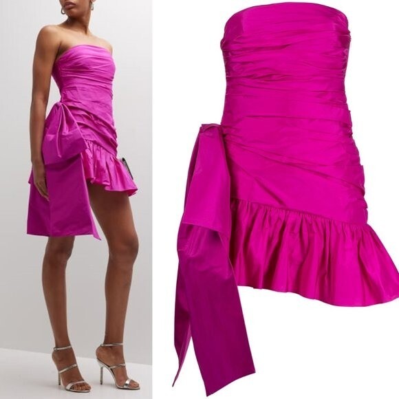 LoveShackFancy NEW Noble Bow Silk Formal Flirty Fuschia Mini Dress Size 12