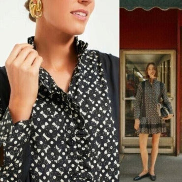 Tuckernuck NEW Black Geo Tate Tencel Long Sleeve Drop Waist Mini Dress Size XXS