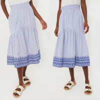 Tuckernuck NEW Blue White Eyelet Stripe Cinza Embroidered Midi Skirt Size L