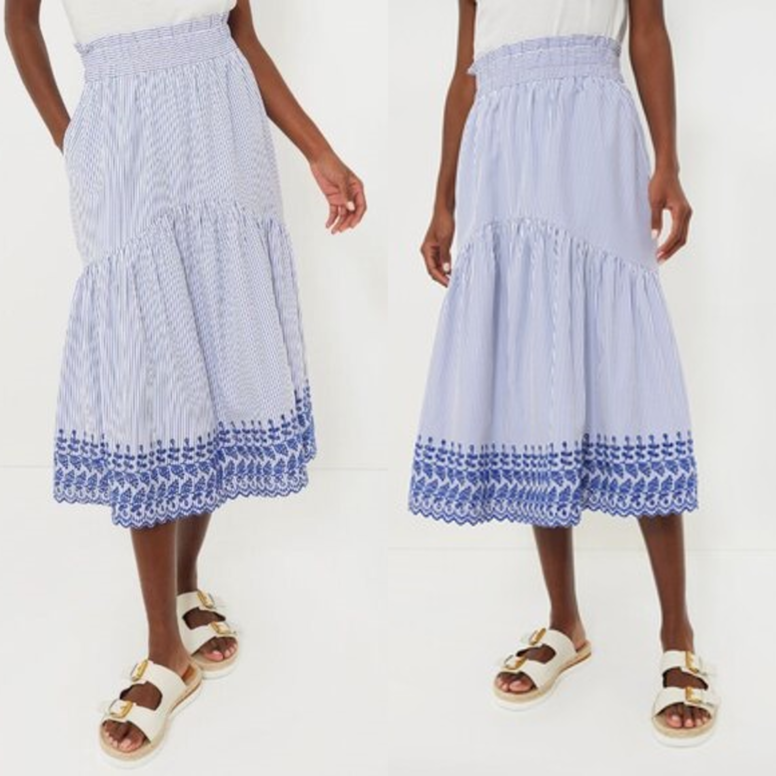 Tuckernuck NEW Blue White Eyelet Stripe Cinza Embroidered Midi Skirt Size L