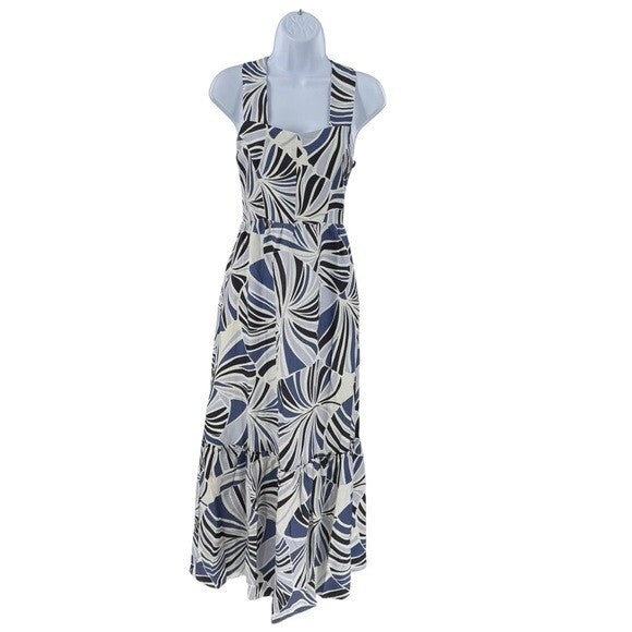 Tuckernuck NEW Blue Palm Linen Alston Cross Back Fit Flare Maxi Dress Size XXS
