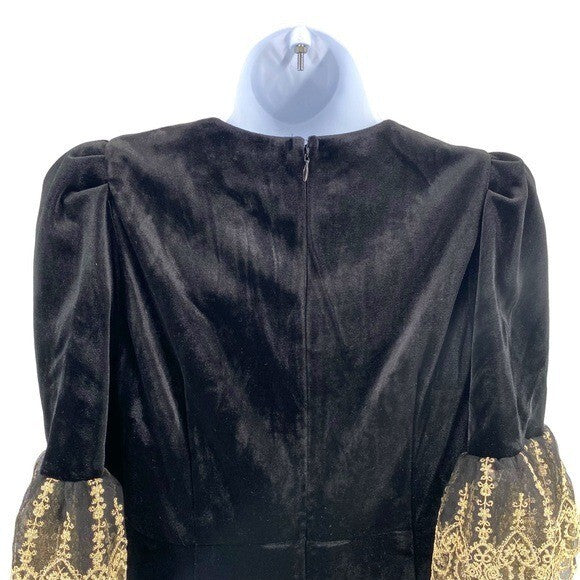 NEW Pomander Place Black Velvet Lillith Gold Embroidered Lace Maxi Dress Size S