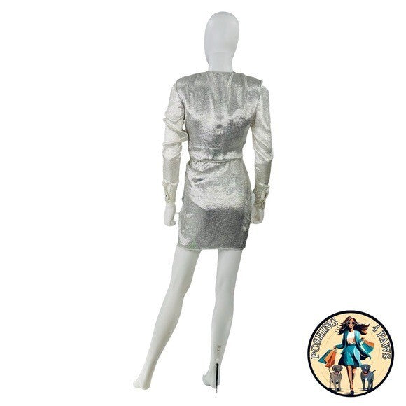 Redemption for FWRD Long Sleeve Metallic Deep V Party Dress in Silver Size XS