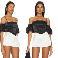 superdown Black Satin Off the Shoulder Phoebe Corset Top in Black Size Small