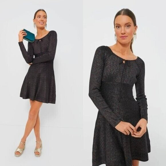 Hyacinth House NEW Black Metallic Long Sleeve Selena Knit Mini Dress Size XXS