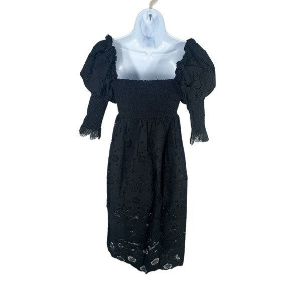 O.P.T. NEW Black Wednesday Cotton Eyelet Puff Sleeve Midi Dress Size XS