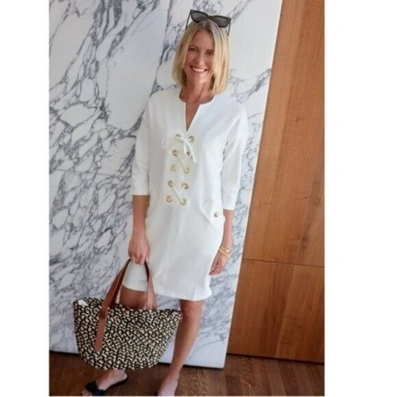 Tuckernuck | NEW White Ellington Three-quarter Sleeve Lace Up Mini Dress Size S
