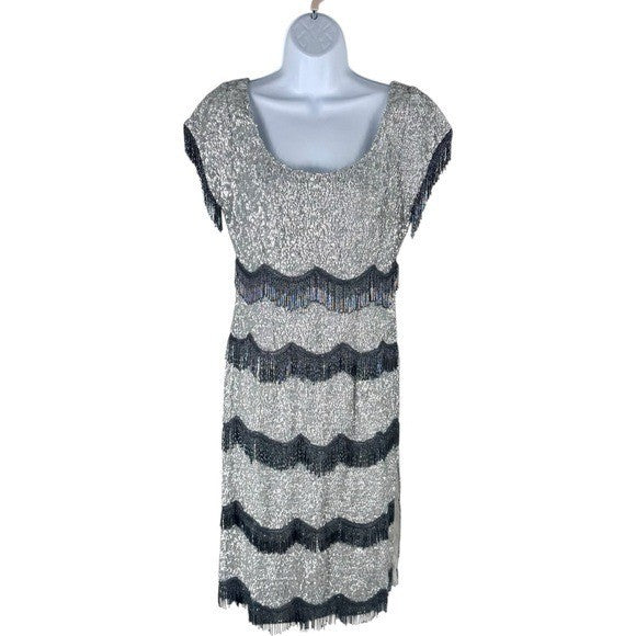 Batsheva NEW Octavia Cocktail Party Formal Midi Dress in Silver Sequin Size 6