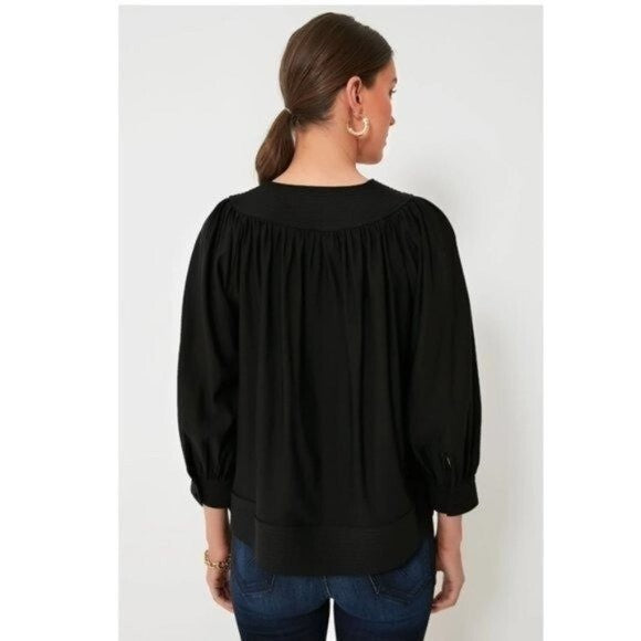 Pomander Place | NEW Black Koa Long Sleeve Notched Neckline Blouse Size Small
