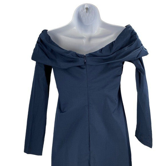 Kika Vargas NEW Off the Shoulder Long Sleeve Formal Midi Dress Navy Blue Size XS