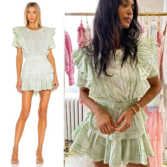 LoveShackFancy Natasha Green Lace Embroidered Tiered Ruffle Mini Dress Size L