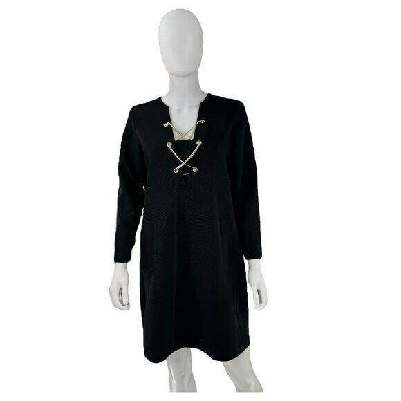Tuckernuck NEW Black Gold Tie Front Long Sleeve Brigitte Mini Dress Size Medium