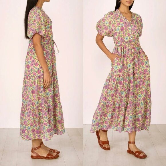 Banjanan NEW Poppy Puff Sleeve Daisy Floral Yellow Purple Maxi Dress Size M