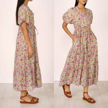 Banjanan NEW Poppy Puff Sleeve Daisy Floral Yellow Purple Maxi Dress Size M