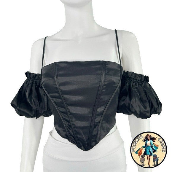 superdown Black Satin Off the Shoulder Phoebe Corset Top in Black Size Small