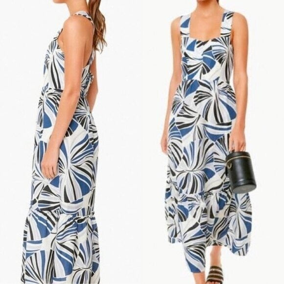 Tuckernuck NEW Blue Palm Linen Alston Cross Back Fit Flare Maxi Dress Size XXS