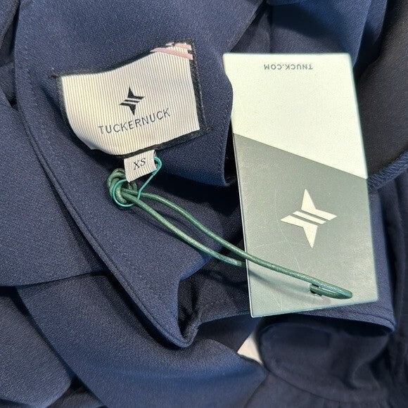 Tuckernuck NEW Navy Faye Preppy Bow Ruffle Collar 3/4 Sleeve Blouse Size XS