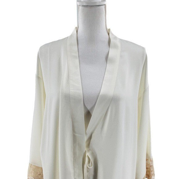 Flora Nikrooz NEW Rosa Kimono Satin Lace Trim Robe in Ivory Size M