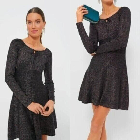 Hyacinth House NEW Black Metallic Long Sleeve Selena Knit Mini Dress Size L