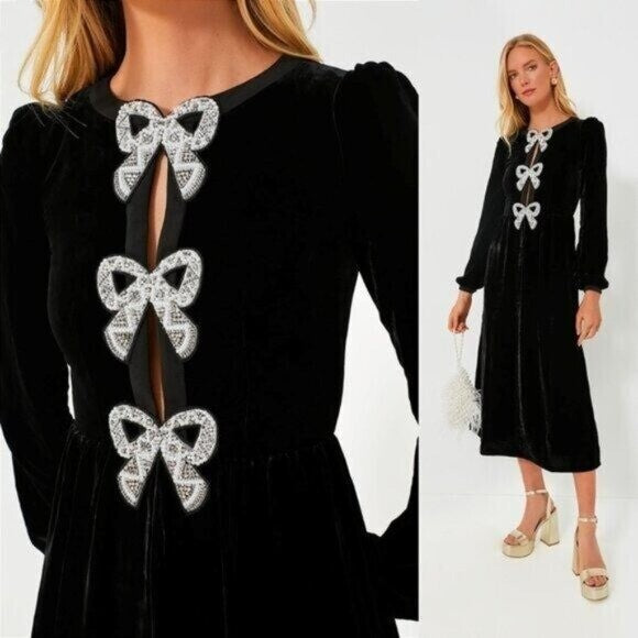 Saloni NEW Velvet Camille Bows Long Sleeve Formal Elegant Midi Dress Size 0