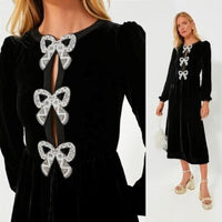 Saloni NEW Velvet Camille Bows Long Sleeve Formal Elegant Midi Dress Size 0