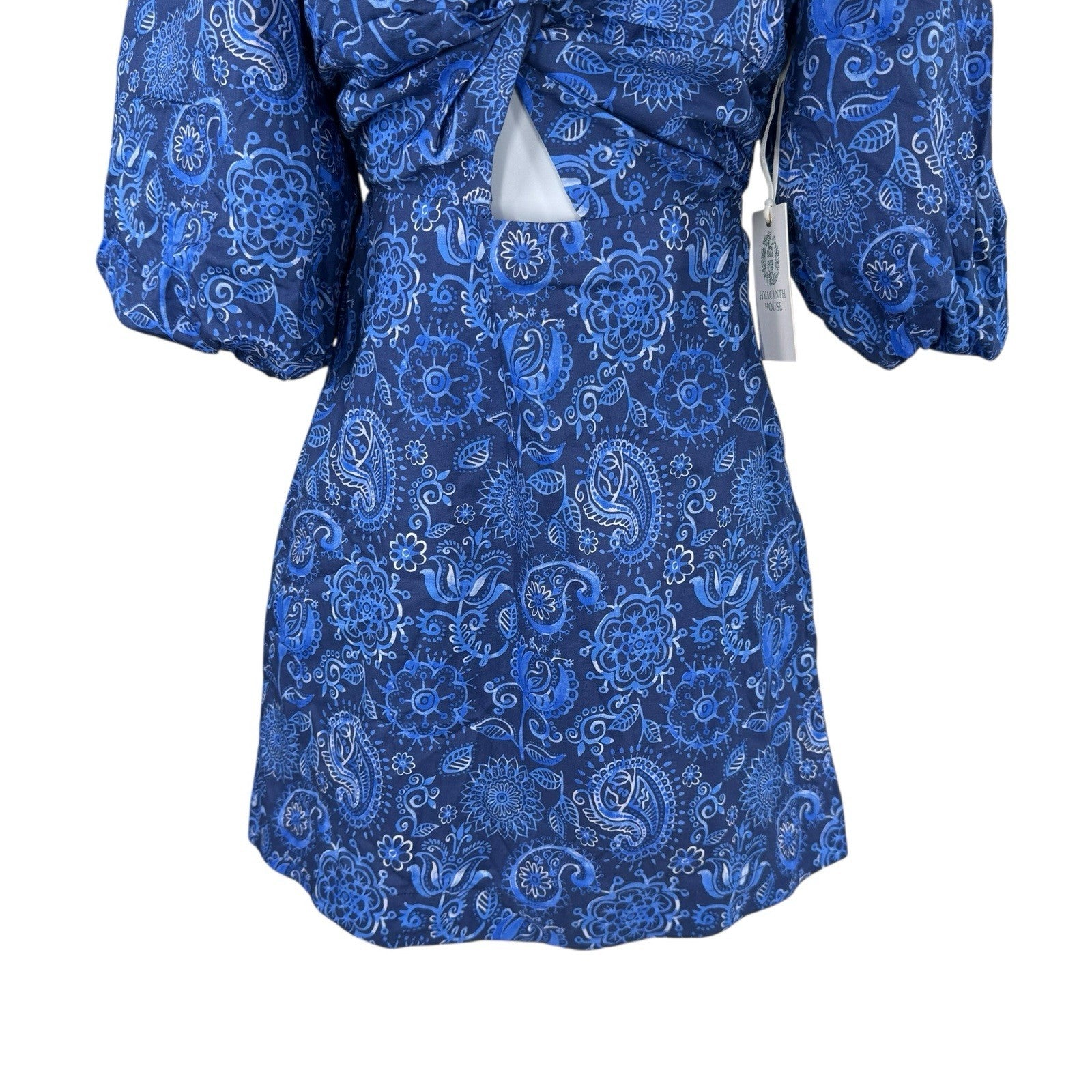 Hyacinth House NEW Blue Mod Paisley Bianca Puff Sleeve V Neck Mini Dress Size XL