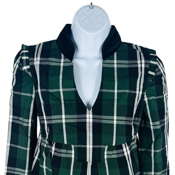 Tuckernuck NEW Green Tartan Plaid Velvet Trim Bristol Blouse Top Size XS