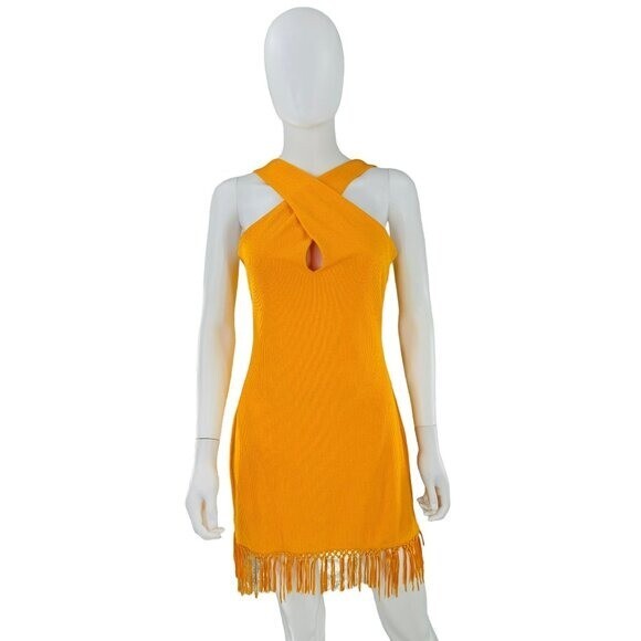 Saylor NEW Leyna Mango Gold Fringe Halter Bodycon Mini Dress Size M