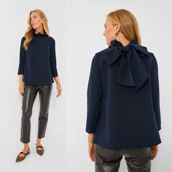 Tuckernuck NEW Navy Faye Preppy Bow Ruffle Collar 3/4 Sleeve Blouse Size XS