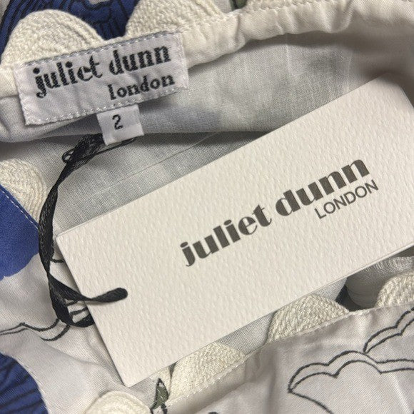 Juliet Dunn NEW White and Klein Blue Baby Doll Floral Scalloped Top Size M