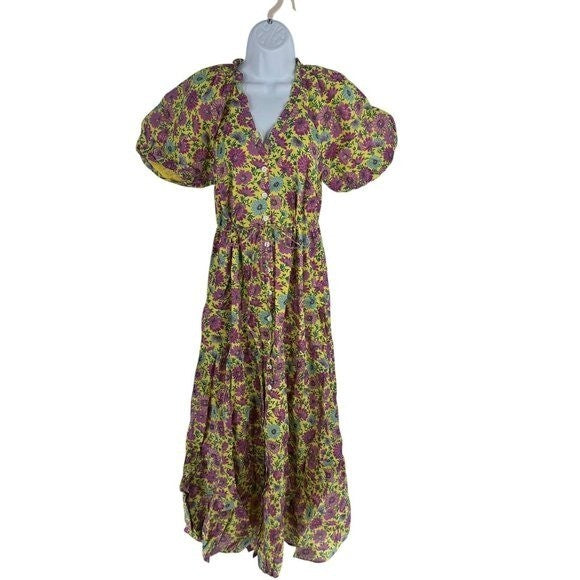 Banjanan NEW Poppy Puff Sleeve Daisy Floral Yellow Purple Maxi Dress Size M
