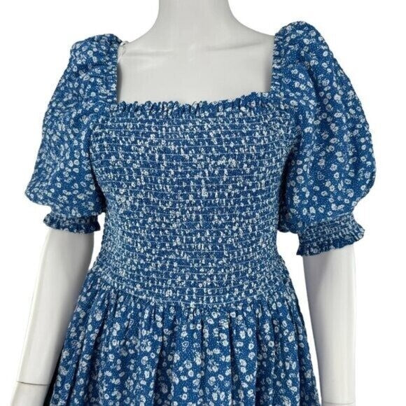 Hyacinth House NEW Blue Micro Floral Smocked Short Sleeve Mini Dress Size XS