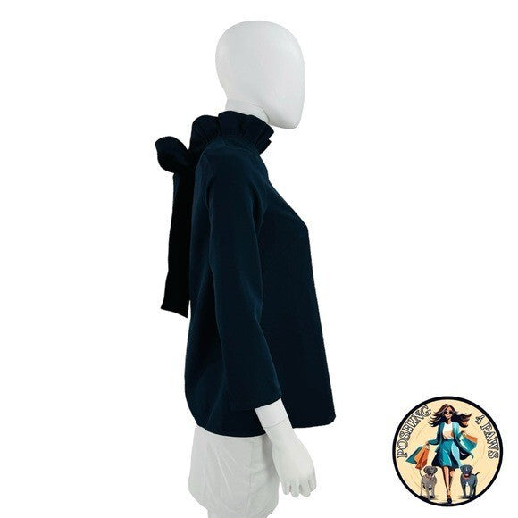 Tuckernuck NEW Navy Faye Preppy Bow Ruffle Collar 3/4 Sleeve Blouse Size XS