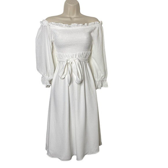 1. STATE NEW Off the Shoulder Smocked Bodice Midi Dress in New Ivory Size XXS
