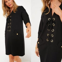 Tuckernuck NEW Black Lace Up Short Sleeve Ellington Classy Mini Dress Size M