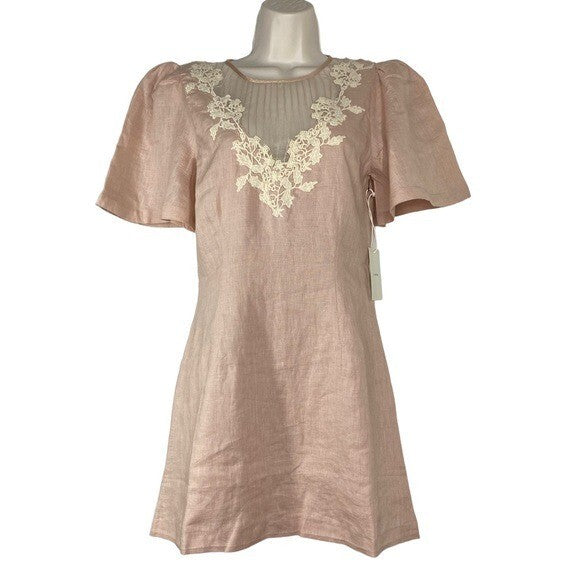 Tularosa | NEW Levy Embroidered Linen Puff Sleeve Mini Dress in Natural Size XS