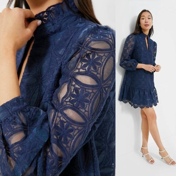 Tuckernuck NEW Navy Organza Lace Formal Palmerston Long Sleeve Mini Dress XS