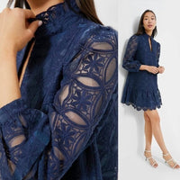 Tuckernuck NEW Navy Organza Lace Formal Palmerston Long Sleeve Mini Dress XS