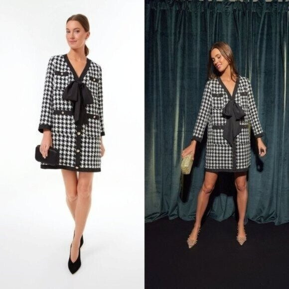 Pomander Place | NEW Coco Tweed Houndstooth Bow Mini Dress Black White Size L