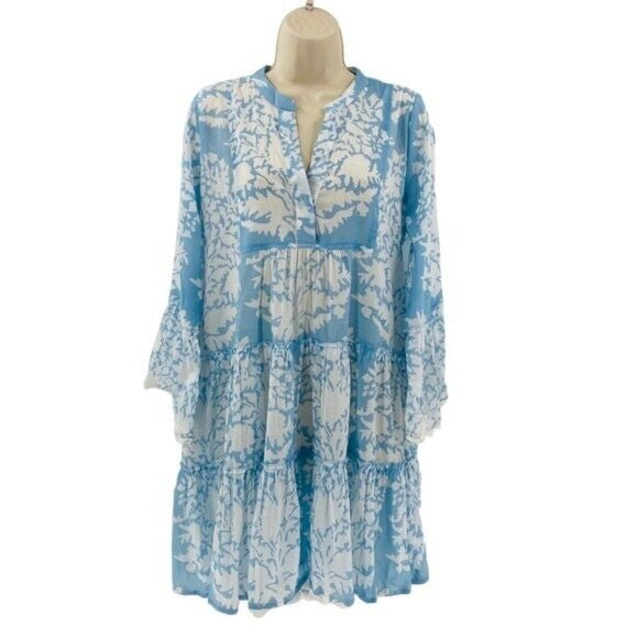 Juliet Dunn NEW Pastel Blue Palladio Flared Sleeve Mini Dress Blue White Size S