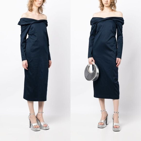 Kika Vargas NEW Off the Shoulder Long Sleeve Formal Midi Dress Navy Blue Size XS