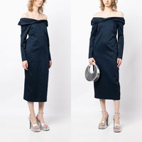 Kika Vargas NEW Off the Shoulder Long Sleeve Formal Midi Dress Navy Blue Size XS