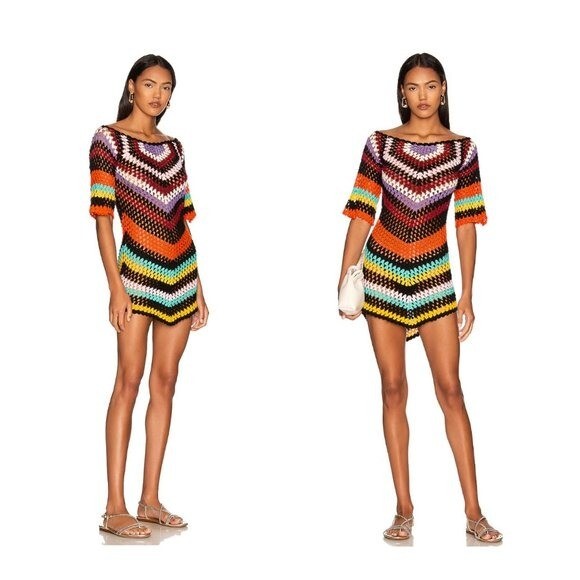 Alix Pinho | NEW Hastanking Open Knit Crochet Mini Dress in Multicolor Size M