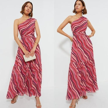 Tuckernuck NEW Pink Sunset Stripe Cadiz One Shoulder Formal Maxi Dress XS