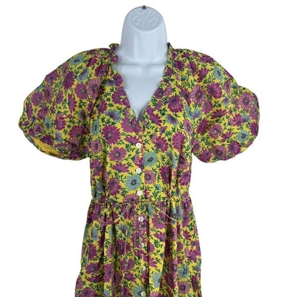 Banjanan NEW Poppy Puff Sleeve Daisy Floral Yellow Purple Maxi Dress Size M
